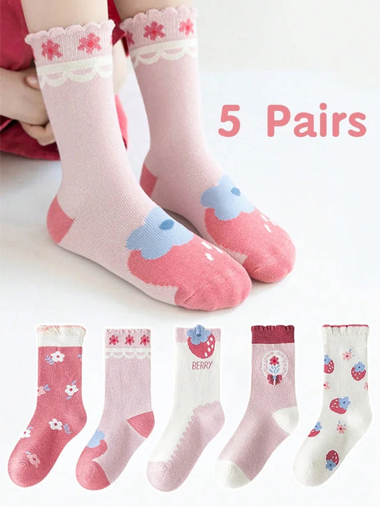 5 Pairs of Girls' Socks That Can Be Worn in Spring and Summer, Strawberry Autumn and Winter Baby Socks, Soft Mid-calf Socks - ZOOMNSTORE