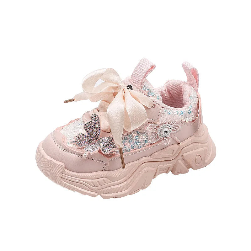 Girls Sports Shoes - Anti-Slip Sequin Butterfly Tennis  Running Shoes for Ages 1-6 - ZOOMNSTORE