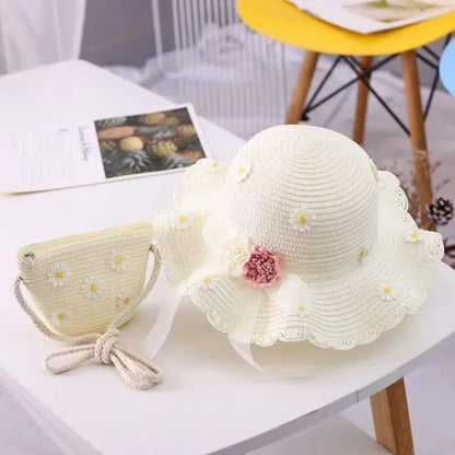 Kids Hat For Girls 2-7Y Straw Children's Sunshade Cap Bag Summer Baby Travel Sunscreen Beach Hat Sun Fisherman Cap Fashion Style - ZOOMNSTORE