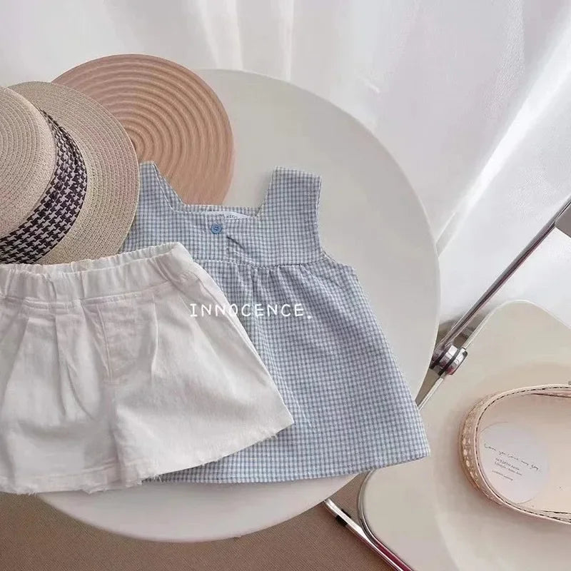 Girls Summer Outfit Set - Checked Straps  White Shorts - ZOOMNSTORE