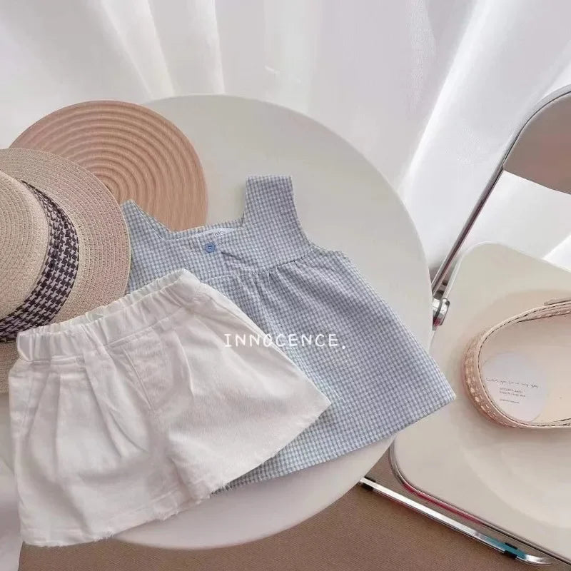 Girls Summer Outfit Set - Checked Straps  White Shorts - ZOOMNSTORE