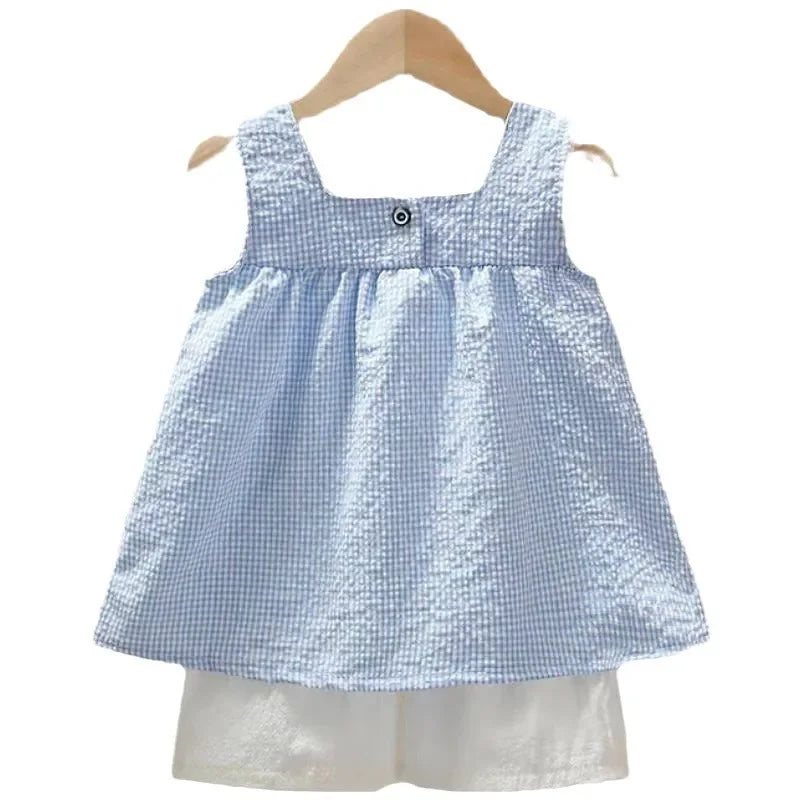 Girls Summer Outfit Set - Checked Straps  White Shorts - ZOOMNSTORE