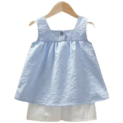 Girls Summer Outfit Set - Checked Straps  White Shorts - ZOOMNSTORE