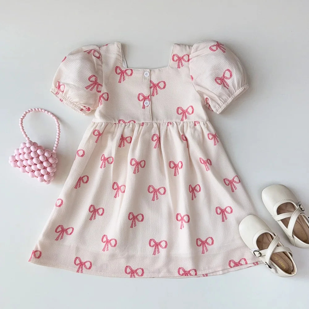 Girls Summer Bow Print Casual Dress - Cute Kids Clothing for Ages 3-7 - ZOOMNSTORE
