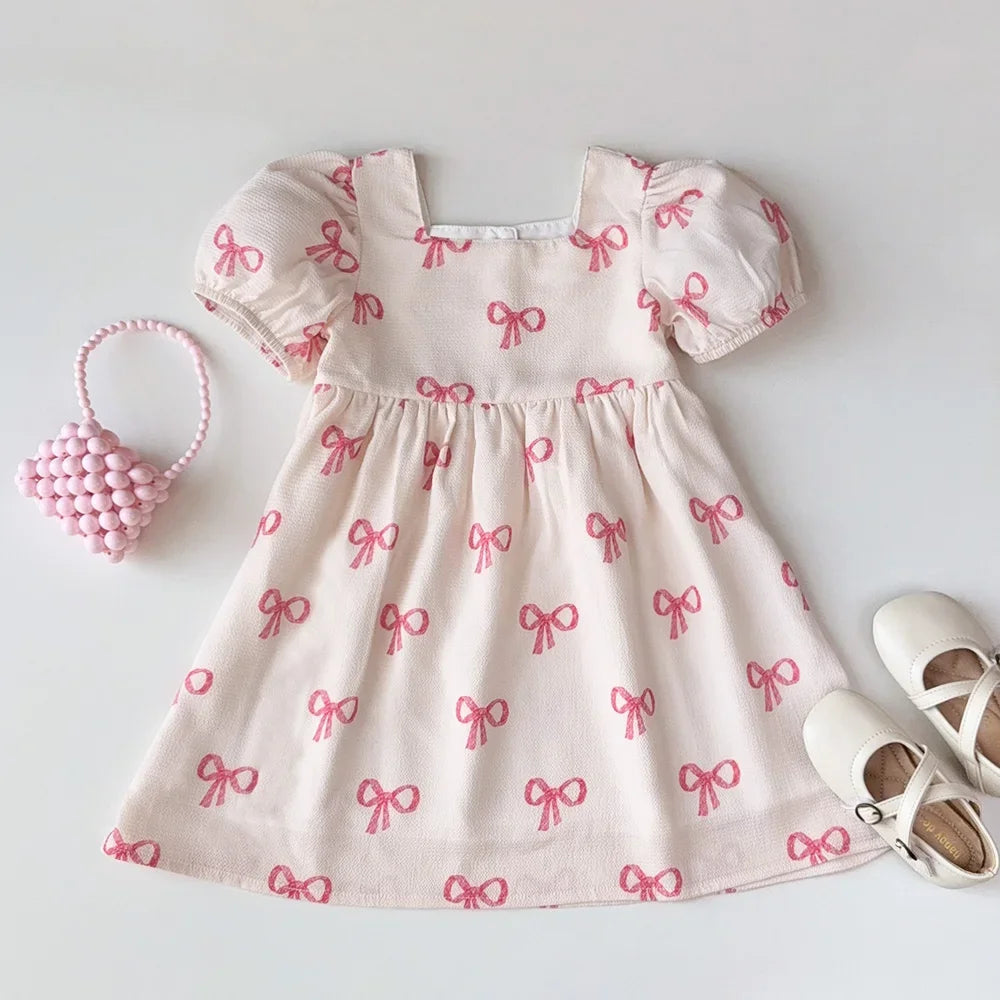 Girls Summer Bow Print Casual Dress - Cute Kids Clothing for Ages 3-7 - ZOOMNSTORE
