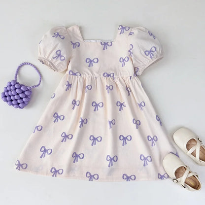 Girls Summer Bow Print Casual Dress - Cute Kids Clothing for Ages 3-7 - ZOOMNSTORE