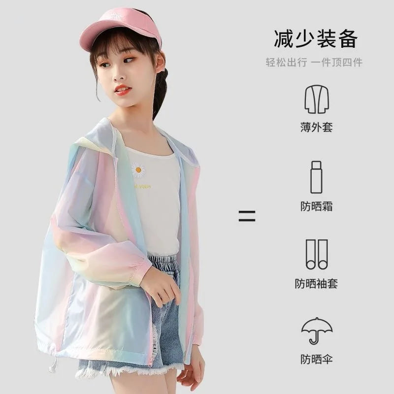 Girls Summer Sun Protection Rainbow Jacket - Thin Fashion Coat for Outdoor Activities Ages 3-12 - ZOOMNSTORE