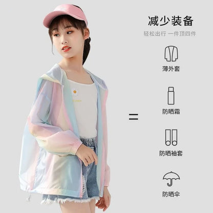 Girls Summer Sun Protection Rainbow Jacket - Thin Fashion Coat for Outdoor Activities Ages 3-12 - ZOOMNSTORE