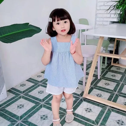 Girls Summer Outfit Set - Checked Straps  White Shorts - ZOOMNSTORE