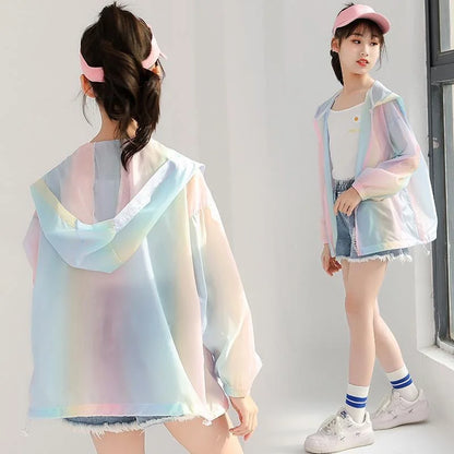 Girls Summer Sun Protection Rainbow Jacket - Thin Fashion Coat for Outdoor Activities Ages 3-12 - ZOOMNSTORE
