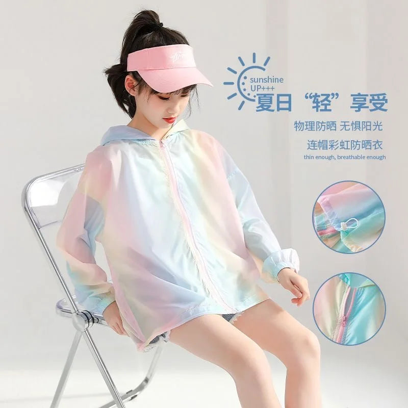 Girls Summer Sun Protection Rainbow Jacket - Thin Fashion Coat for Outdoor Activities Ages 3-12 - ZOOMNSTORE