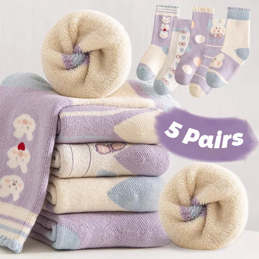 5 Pairs Girls' Thick Socks,Cute Cartoon Bunny Children's Socks, Winter Warmth,  Purple Mid Tube Socks, Autumn/Winter - ZOOMNSTORE