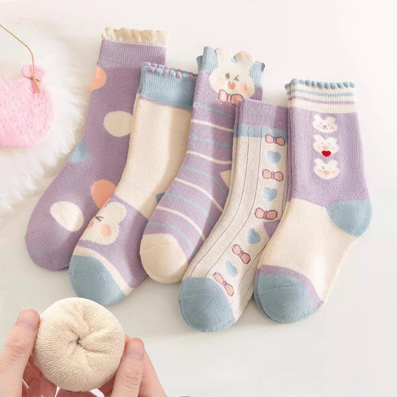5 Pairs Girls' Thick Socks,Cute Cartoon Bunny Children's Socks, Winter Warmth,  Purple Mid Tube Socks, Autumn/Winter - ZOOMNSTORE