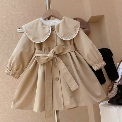 Girls Trench Coat - Fashionable Long Windbreaker with Turndown Collar - ZOOMNSTORE