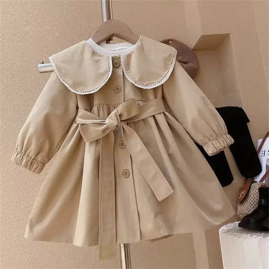 Girls Trench Coat - Fashionable Long Windbreaker with Turndown Collar - ZOOMNSTORE