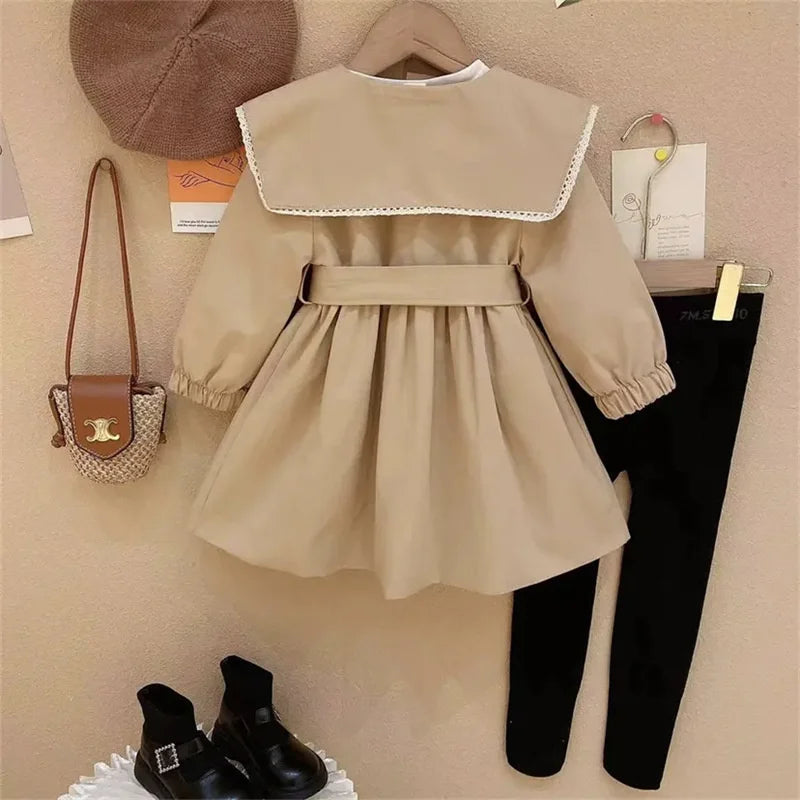 Girls Trench Coat - Fashionable Long Windbreaker with Turndown Collar - ZOOMNSTORE