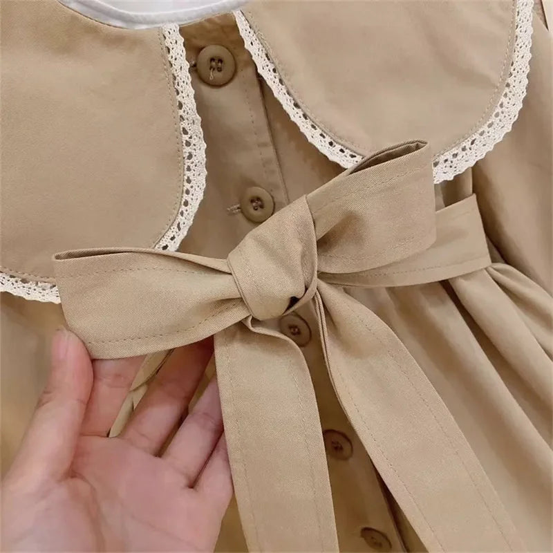 Girls Trench Coat - Fashionable Long Windbreaker with Turndown Collar - ZOOMNSTORE