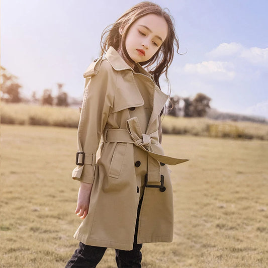 Teen Girls Long Trench Coat - Fashionable England Style Windbreaker Jacket for Spring Autumn - ZOOMNSTORE