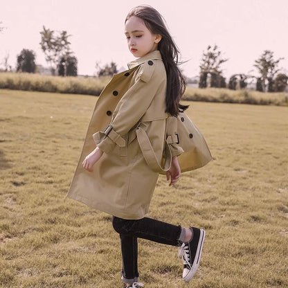 Teen Girls Long Trench Coat - Fashionable England Style Windbreaker Jacket for Spring Autumn - ZOOMNSTORE