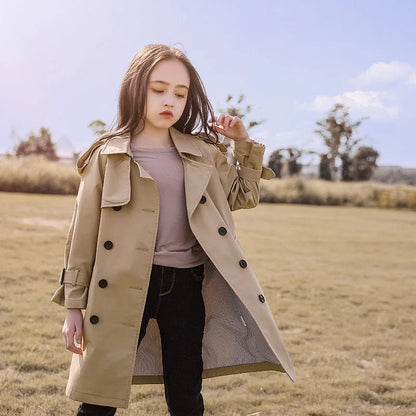 Teen Girls Long Trench Coat - Fashionable England Style Windbreaker Jacket for Spring Autumn - ZOOMNSTORE