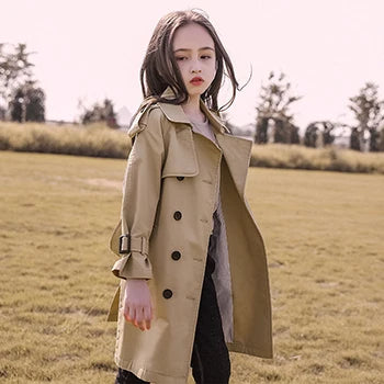 Teen Girls Long Trench Coat - Fashionable England Style Windbreaker Jacket for Spring Autumn - ZOOMNSTORE