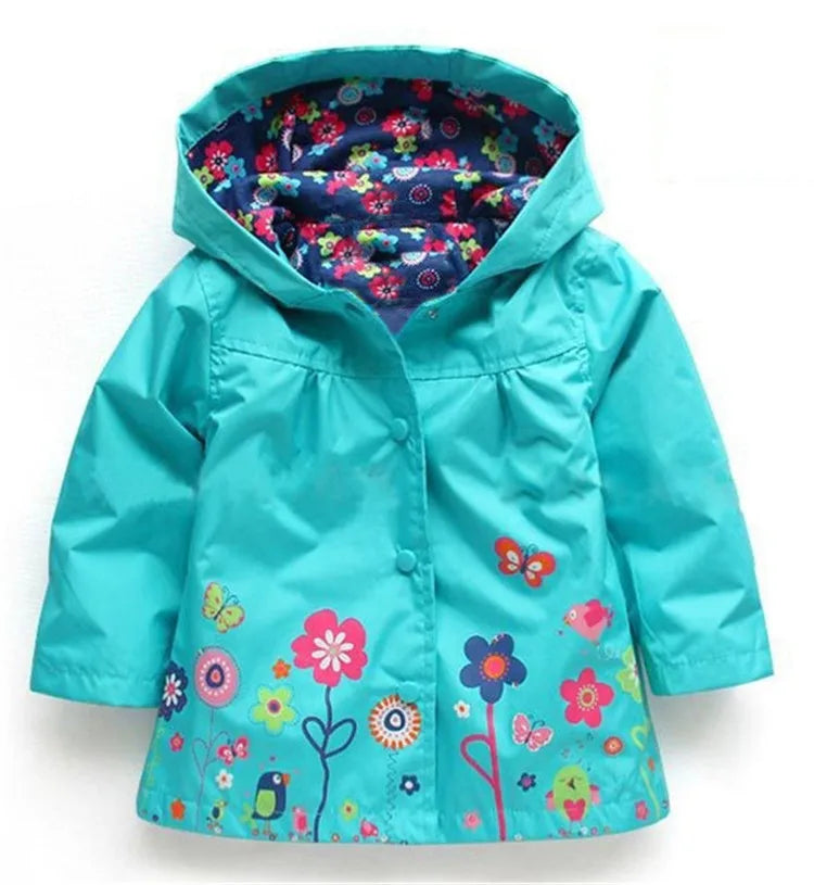 Girls Waterproof Windcoat - Autumn Casual Flower Print Hoodie Jacket - ZOOMNSTORE