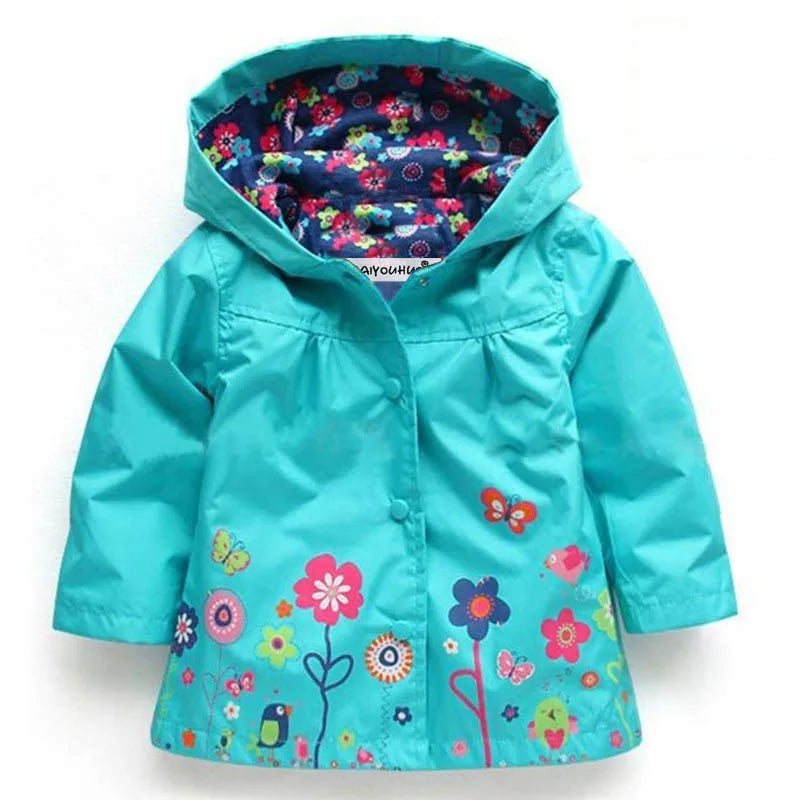 Girls Waterproof Windcoat - Autumn Casual Flower Print Hoodie Jacket - ZOOMNSTORE