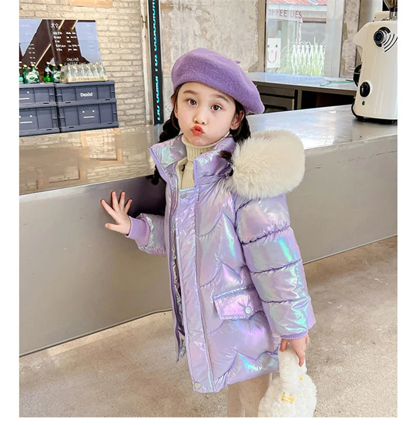 Girls Winter Coats - Waterproof Kids Down Jackets With Fur Collar Hooded Parka - ZOOMNSTORE