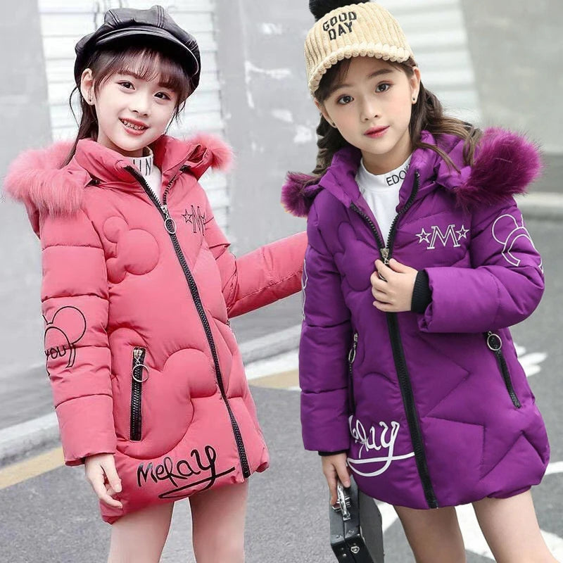 Girls Winter Jacket - Heavyweight Long Style Coat With Detachable Velvet Hood - ZOOMNSTORE