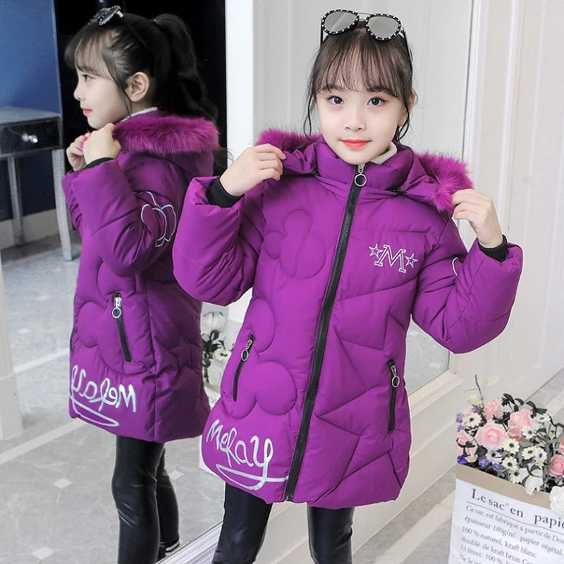 Girls Winter Jacket - Heavyweight Long Style Coat With Detachable Velvet Hood - ZOOMNSTORE