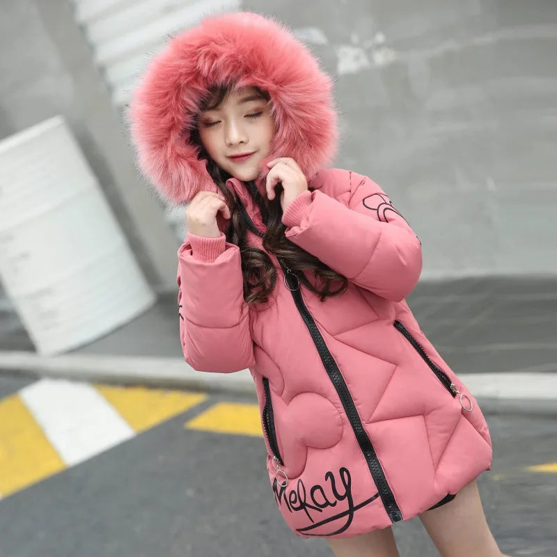 Girls Winter Jacket - Heavyweight Long Style Coat With Detachable Velvet Hood - ZOOMNSTORE