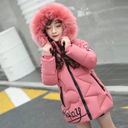 Girls Winter Jacket - Heavyweight Long Style Coat With Detachable Velvet Hood - ZOOMNSTORE