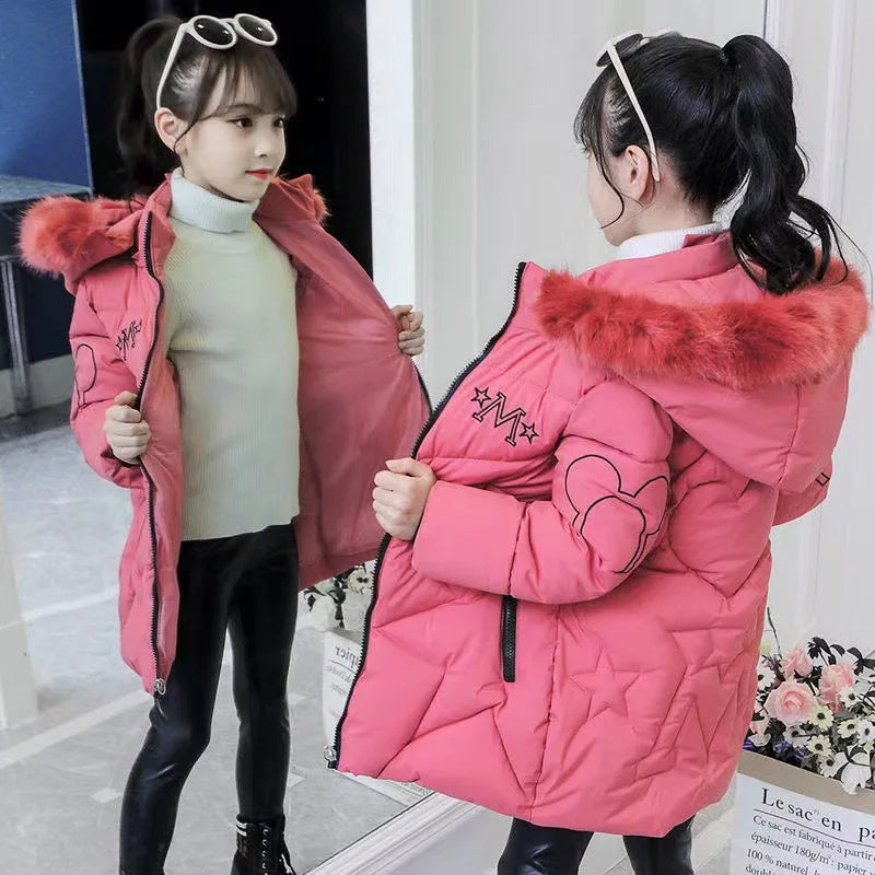 Girls Winter Jacket - Heavyweight Long Style Coat With Detachable Velvet Hood - ZOOMNSTORE