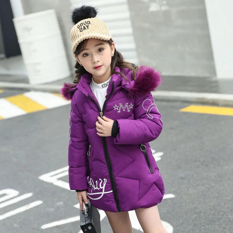 Girls Winter Jacket - Heavyweight Long Style Coat With Detachable Velvet Hood - ZOOMNSTORE