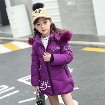 Girls Winter Jacket - Heavyweight Long Style Coat With Detachable Velvet Hood - ZOOMNSTORE