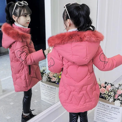 Girls Winter Jacket - Heavyweight Long Style Coat With Detachable Velvet Hood - ZOOMNSTORE