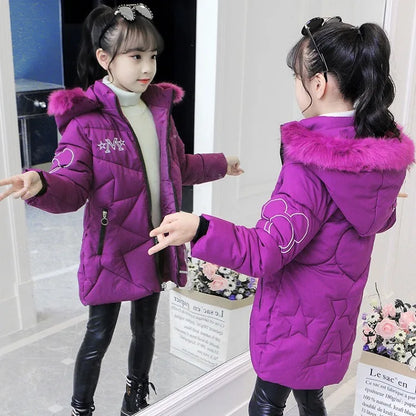 Girls Winter Jacket - Heavyweight Long Style Coat With Detachable Velvet Hood - ZOOMNSTORE