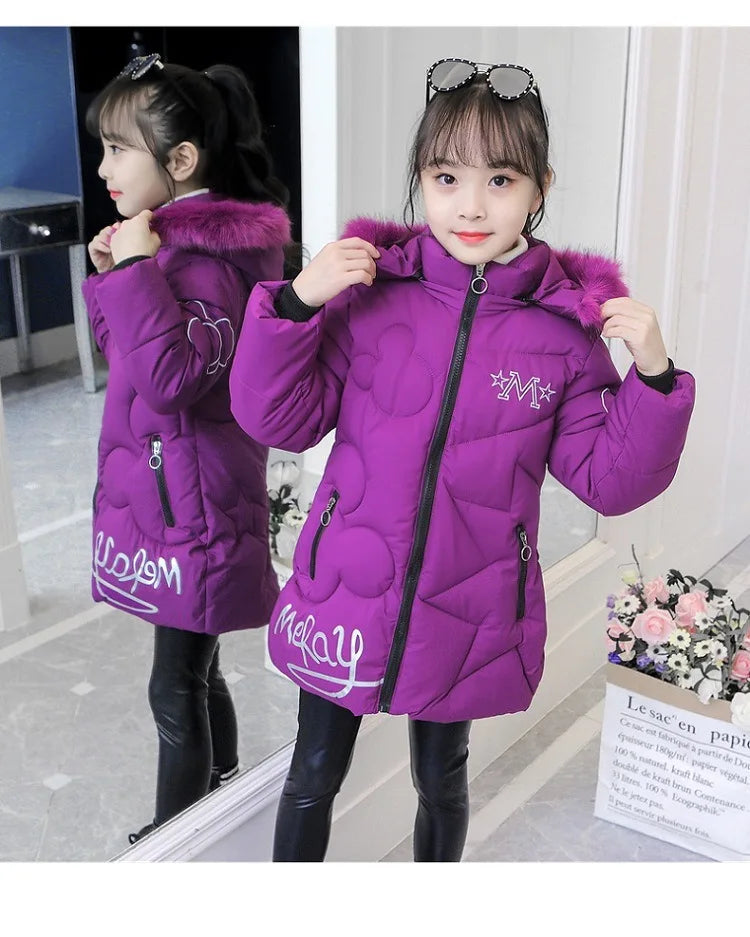 Girls Winter Jacket - Heavyweight Long Style Coat With Detachable Velvet Hood - ZOOMNSTORE