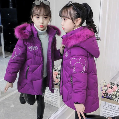Girls Winter Jacket - Heavyweight Long Style Coat With Detachable Velvet Hood - ZOOMNSTORE