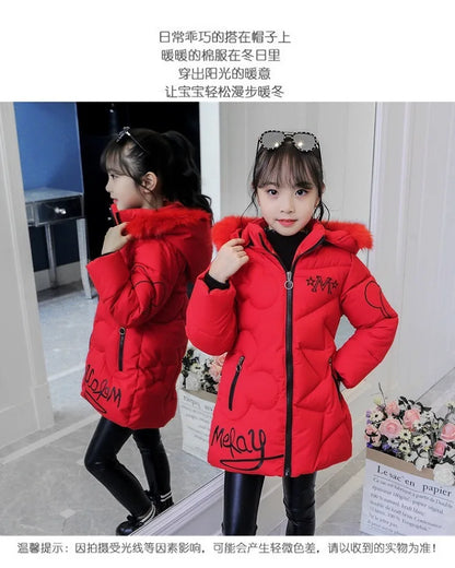 Girls Winter Jacket - Heavyweight Long Style Coat With Detachable Velvet Hood - ZOOMNSTORE
