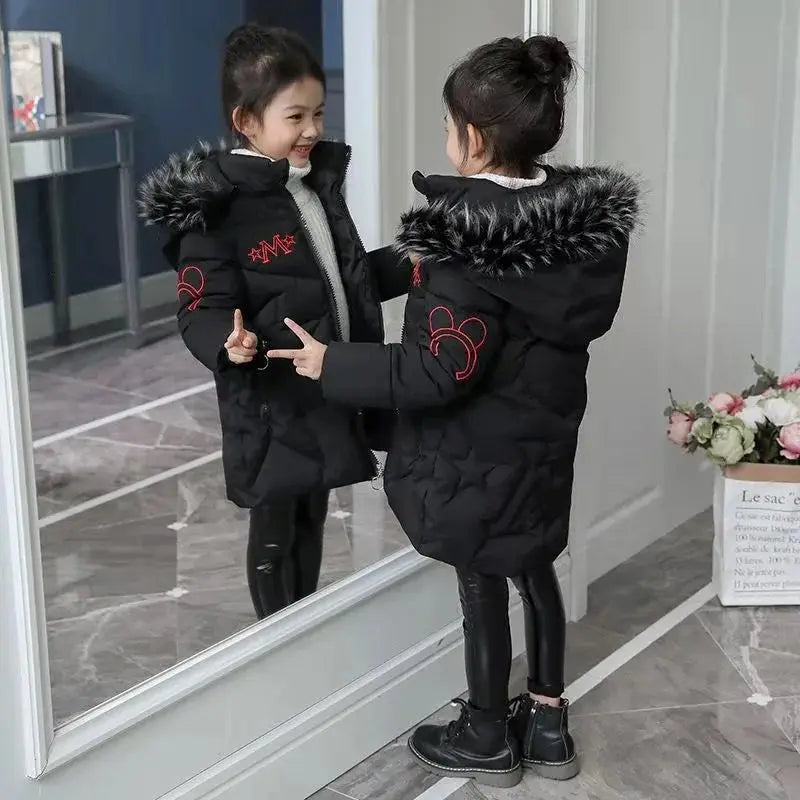Girls Winter Jacket - Heavyweight Long Style Coat With Detachable Velvet Hood - ZOOMNSTORE