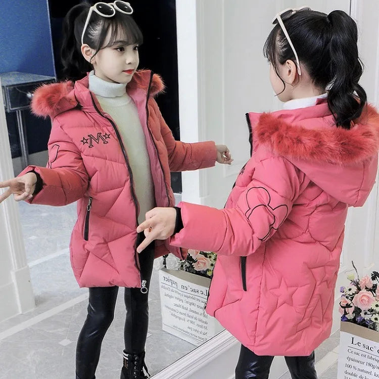 Girls Winter Jacket - Heavyweight Long Style Coat With Detachable Velvet Hood - ZOOMNSTORE