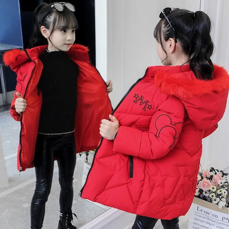 Girls Winter Jacket - Heavyweight Long Style Coat With Detachable Velvet Hood - ZOOMNSTORE