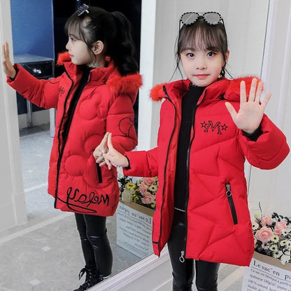 Girls Winter Jacket - Heavyweight Long Style Coat With Detachable Velvet Hood - ZOOMNSTORE