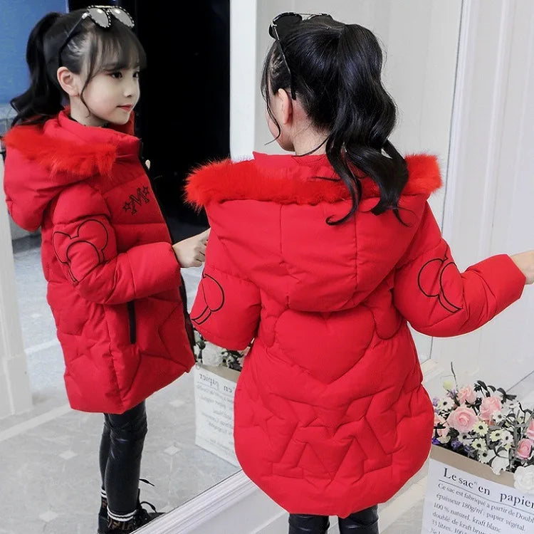 Girls Winter Jacket - Heavyweight Long Style Coat With Detachable Velvet Hood - ZOOMNSTORE