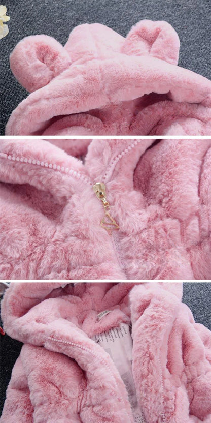 Girls Winter Jacket - Kids Winter Coat With Faux Fur Hooded Zipper Closure - ZOOMNSTORE