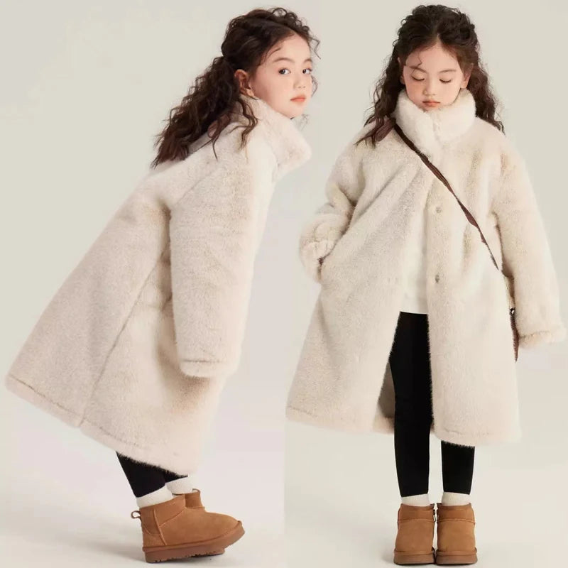 Girls Winter Jacket - Long Solid Color Faux Fur Coat With Zipper Closure - ZOOMNSTORE