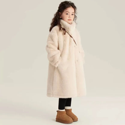 Girls Winter Jacket - Long Solid Color Faux Fur Coat With Zipper Closure - ZOOMNSTORE