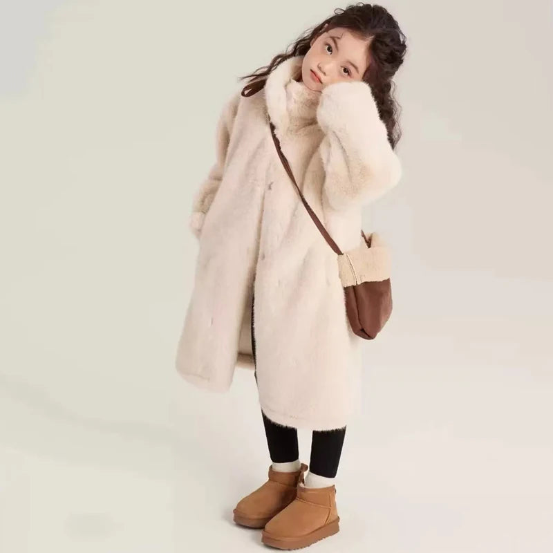 Girls Winter Jacket - Long Solid Color Faux Fur Coat With Zipper Closure - ZOOMNSTORE