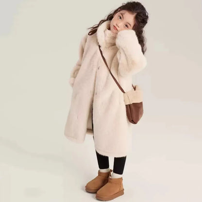 Girls Winter Jacket - Long Solid Color Faux Fur Coat With Zipper Closure - ZOOMNSTORE